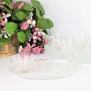 Vtg 1960s Clear Glass Snack Sandwich Set for Four Anchor Hocking Grapes Tea Set